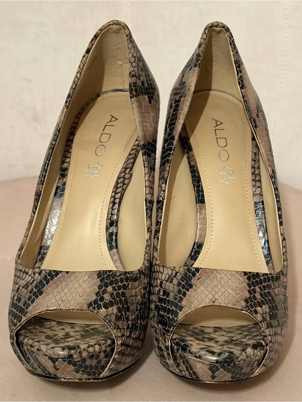 ALDO Snake-Print Peep-Toe Heels in Taupe and Black